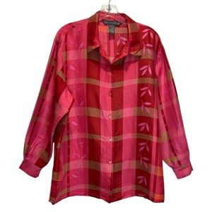 VTG Jessica Holbrook Silk Pink Window Pane Floral Button-up Blouse - Large